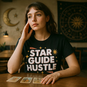Lifestyle shot of the "Star Guide Hustle" black astrology tee in a real-world setting