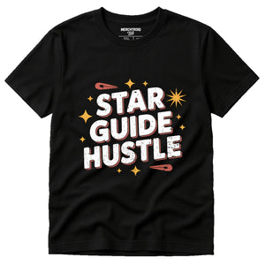 Black Astrology Tee - "Star Guide Hustle" graphic tee with white print, flat lay product photo