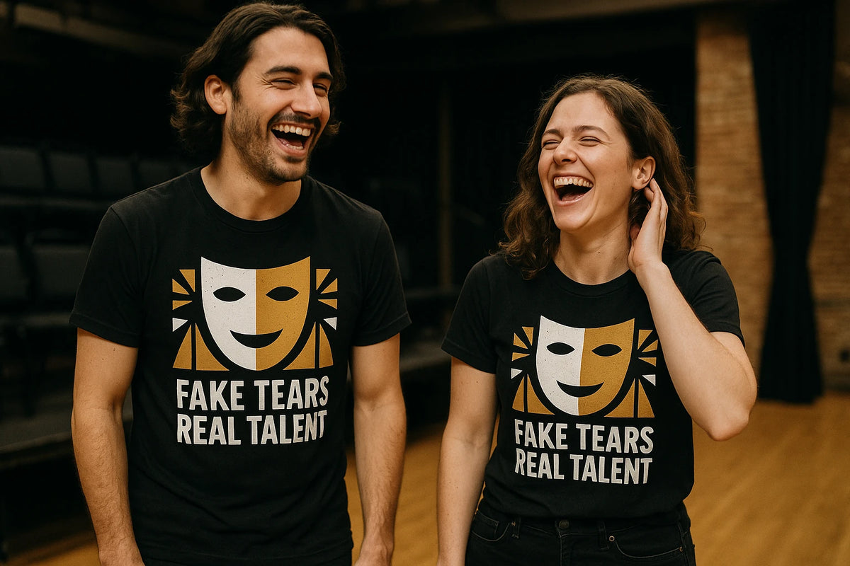 Person wearing the black actor t shirt graphic tee - "Fake Tears Real Talent" design