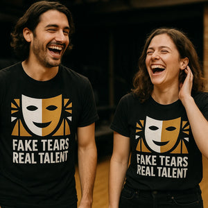 Person wearing the black actor t shirt graphic tee - "Fake Tears Real Talent" design