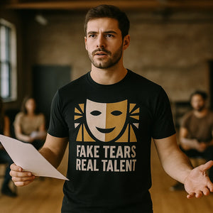 Lifestyle shot of the "Fake Tears Real Talent" black actor t shirt in a real-world setting