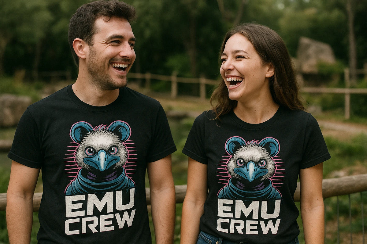 Person wearing the black zookeeper neon t shirt graphic tee - "Emu Crew" design