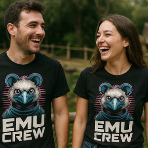 Person wearing the black zookeeper neon t shirt graphic tee - "Emu Crew" design