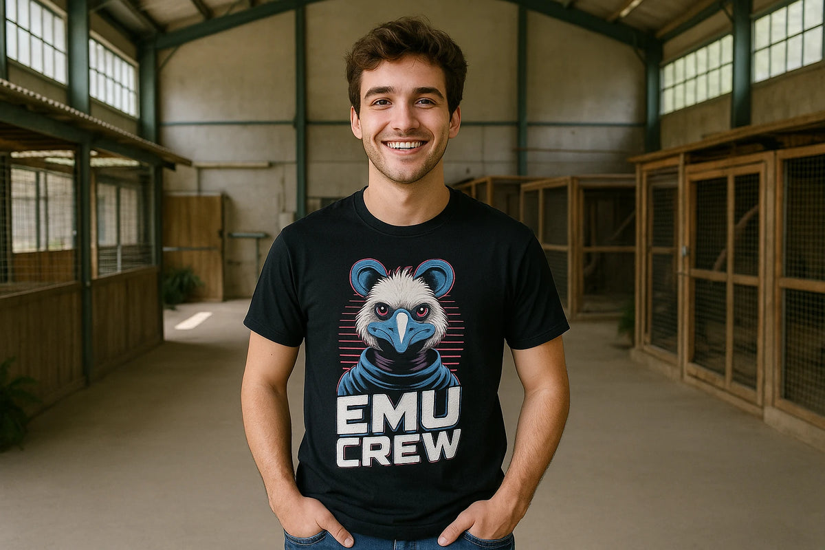Lifestyle shot of the "Emu Crew" black zookeeper neon t shirt in a real-world setting