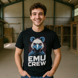 Lifestyle shot of the "Emu Crew" black zookeeper neon t shirt in a real-world setting