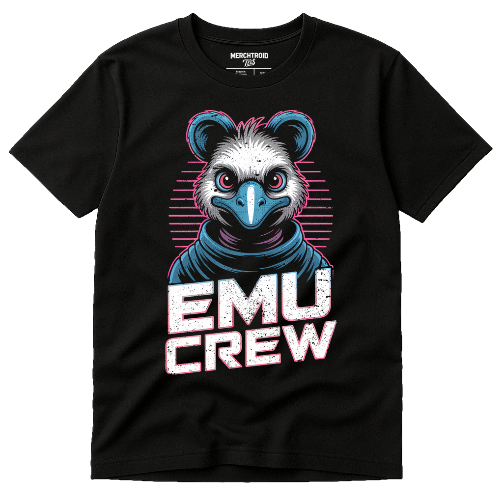 Black Zookeeper Neon T Shirt - "Emu Crew" graphic tee with gray print, flat lay product photo