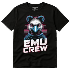 Black Zookeeper Neon T Shirt - "Emu Crew" graphic tee with gray print, flat lay product photo