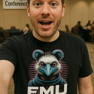"Emu Crew" black zookeeper neon t shirt, photographed as zookeeper gift ideas