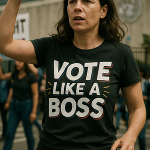 "Vote Like a Boss" black politics t shirt, photographed as gifts for politics lovers