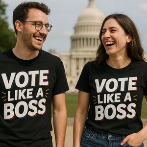 Person wearing the black politics t shirt graphic tee - "Vote Like a Boss" design