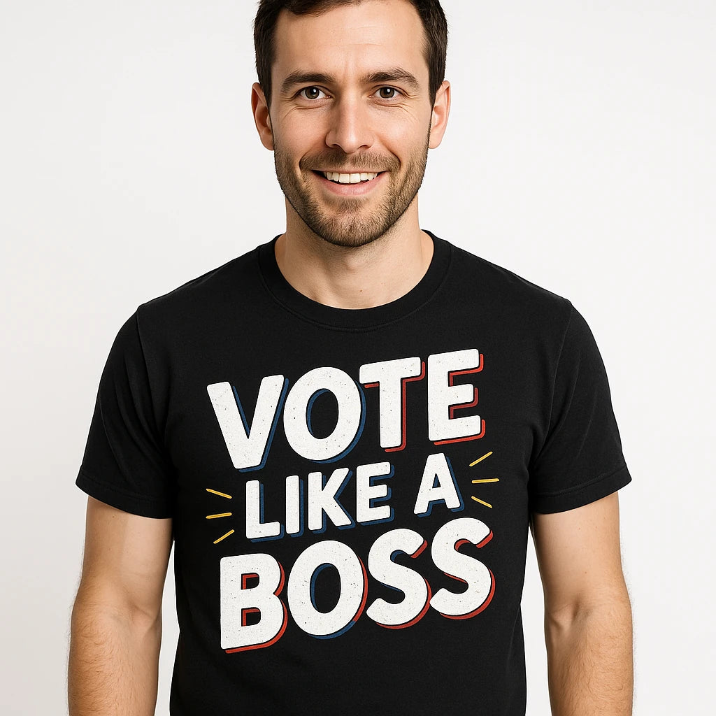 Close-up of the "Vote Like a Boss" white print on a premium Bella+Canvas black politics t shirt
