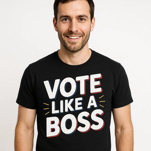 Close-up of the "Vote Like a Boss" white print on a premium Bella+Canvas black politics t shirt