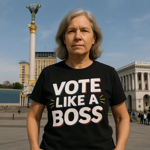 Lifestyle shot of the "Vote Like a Boss" black politics t shirt in a real-world setting