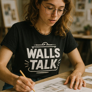 "Walls Talk" black interior designer t shirt - also one of the best gifts for interior designers