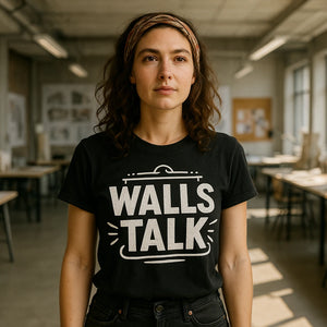 Lifestyle shot of the "Walls Talk" black interior designer t shirt in a real-world setting