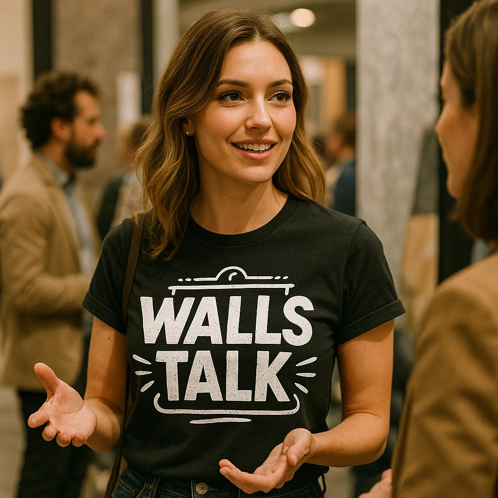 "Walls Talk" black interior designer t shirt - also one of the gifts to get an interior designer