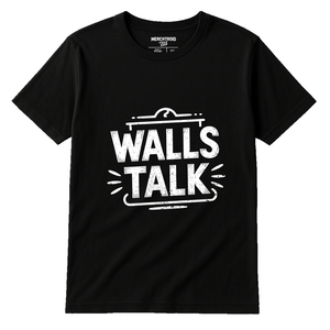 Black Interior Designer T Shirt - "Walls Talk" graphic tee with white print, flat lay product photo