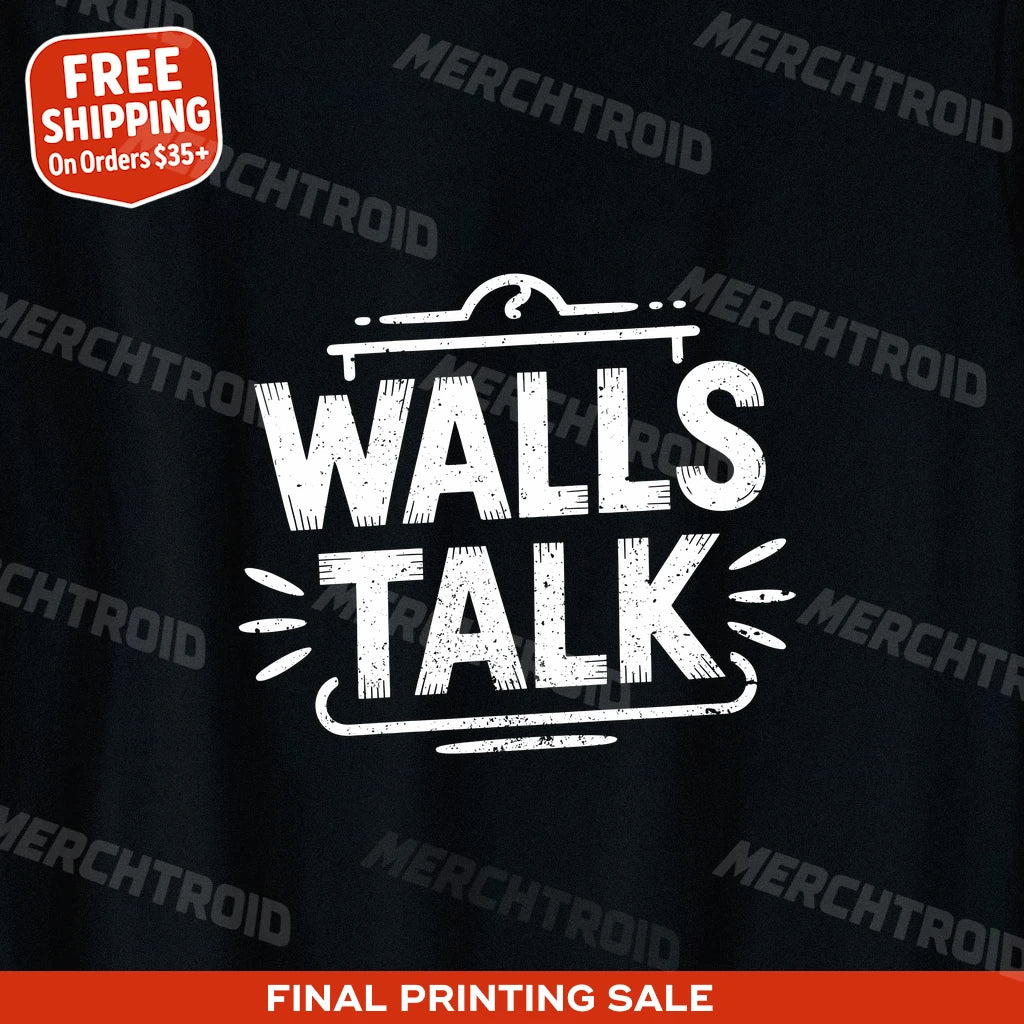 "Walls Talk" black interior designer t shirt, photographed as present for interior designer