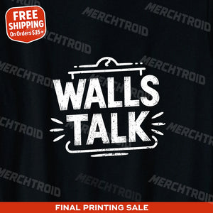 "Walls Talk" black interior designer t shirt, photographed as present for interior designer
