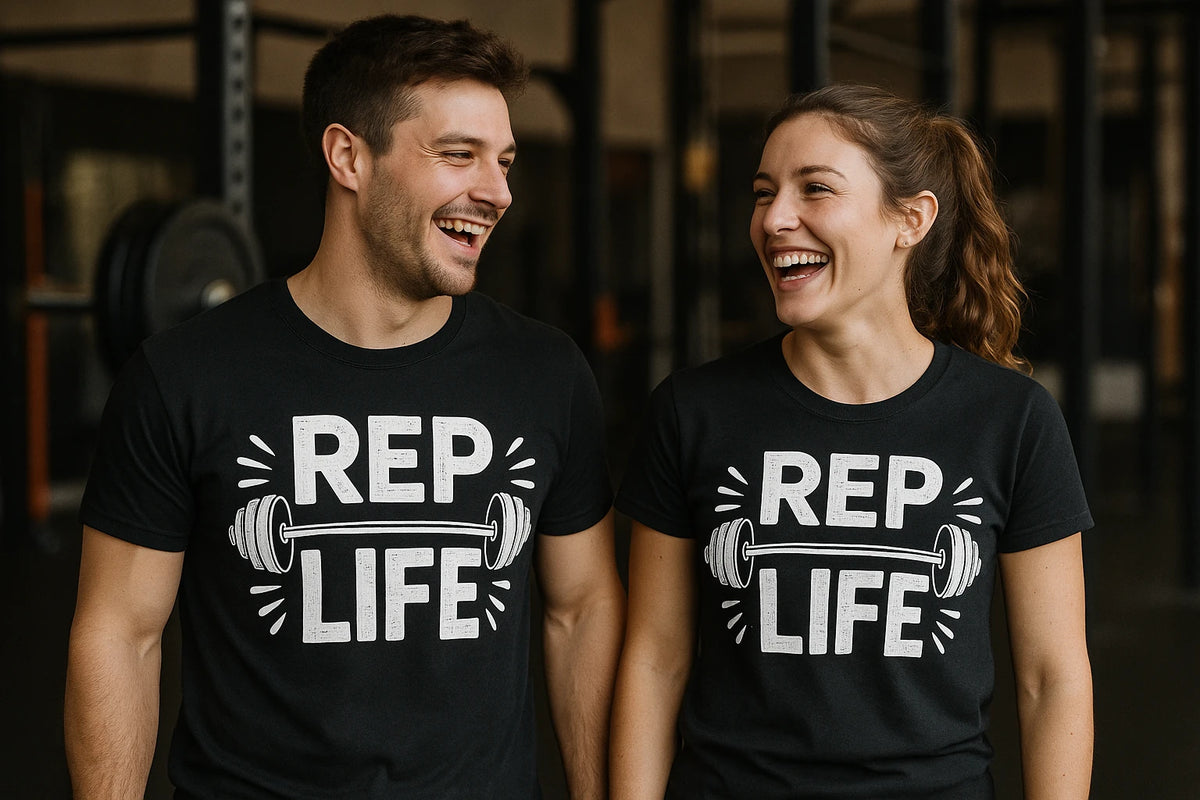 Person wearing the black personal trainer t shirt graphic tee - "Rep Life" design