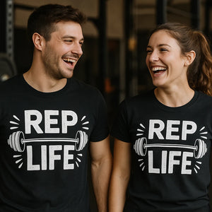 Person wearing the black personal trainer t shirt graphic tee - "Rep Life" design