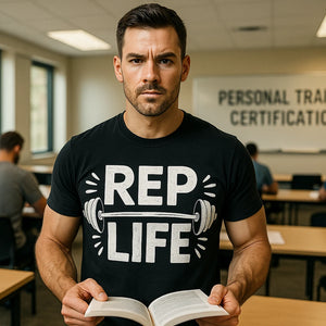 Lifestyle shot of the "Rep Life" black personal trainer t shirt in a real-world setting