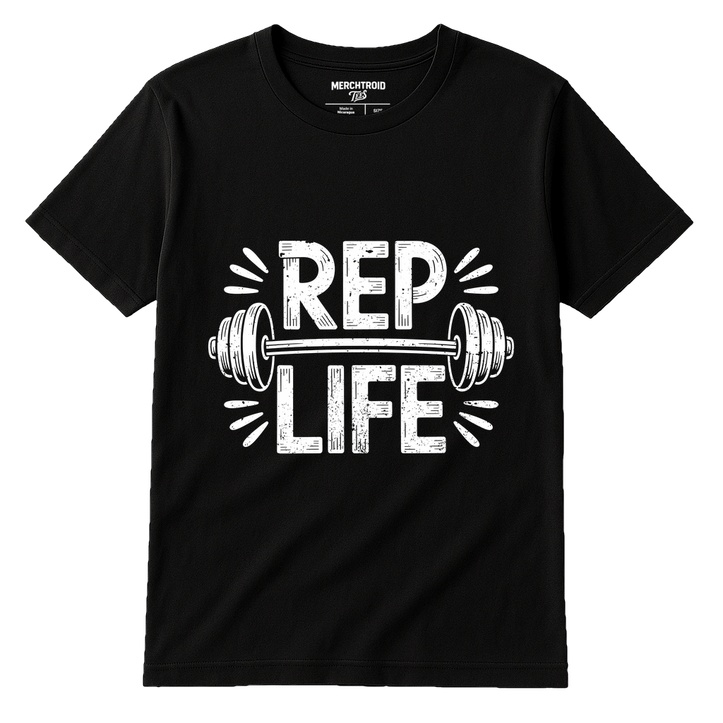 Black Personal Trainer T Shirt - "Rep Life" graphic tee with white print, flat lay product photo