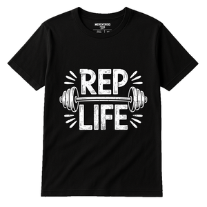 Black Personal Trainer T Shirt - "Rep Life" graphic tee with white print, flat lay product photo