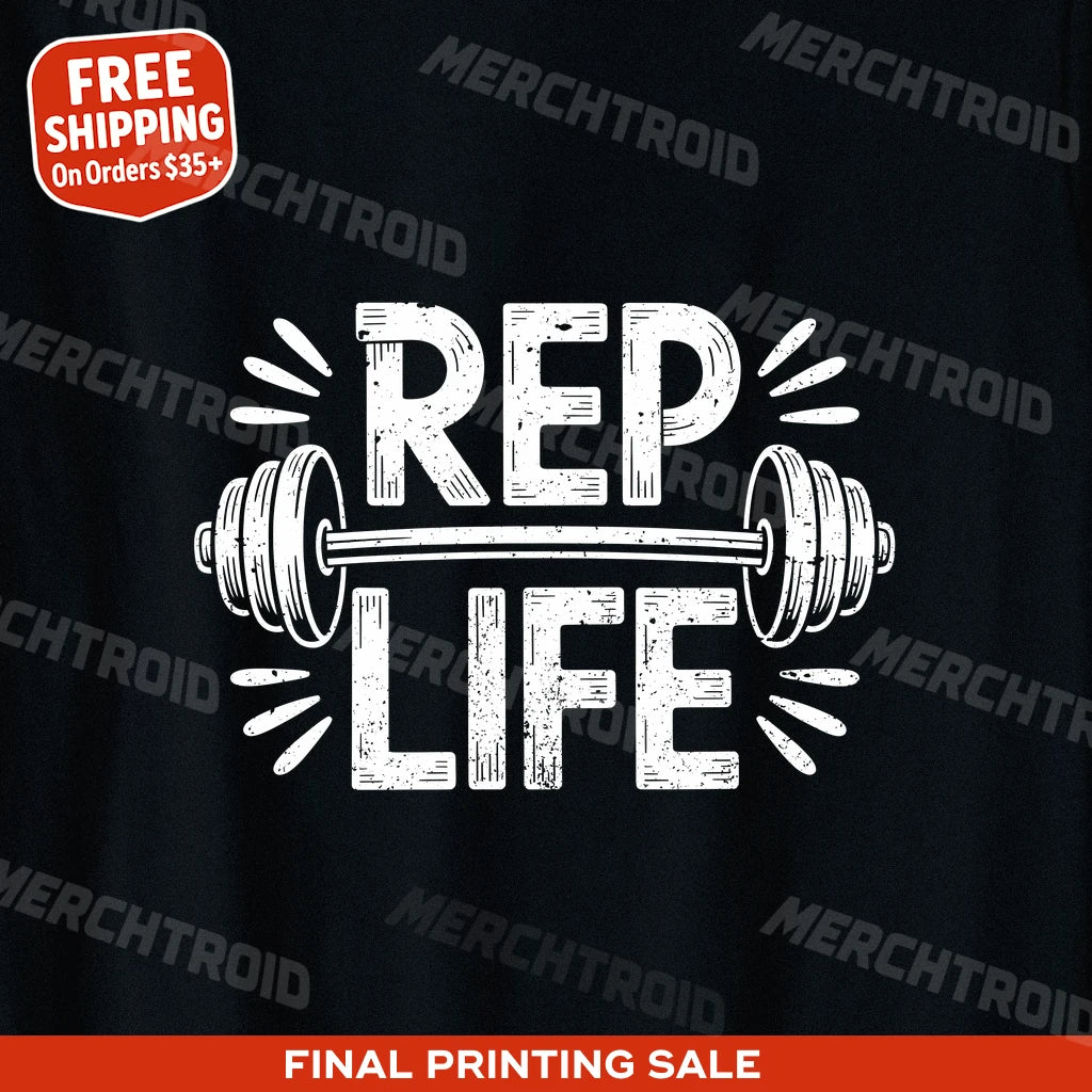 "Rep Life" black personal trainer t shirt, photographed as gifts for your personal trainer