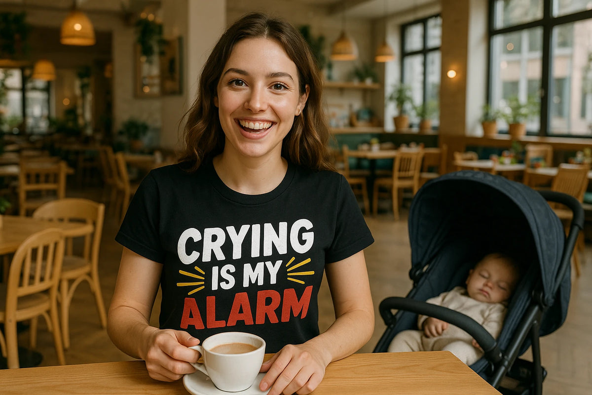 Lifestyle shot of the "Crying Is My Alarm" black first time parents t shirts in a real-world setting