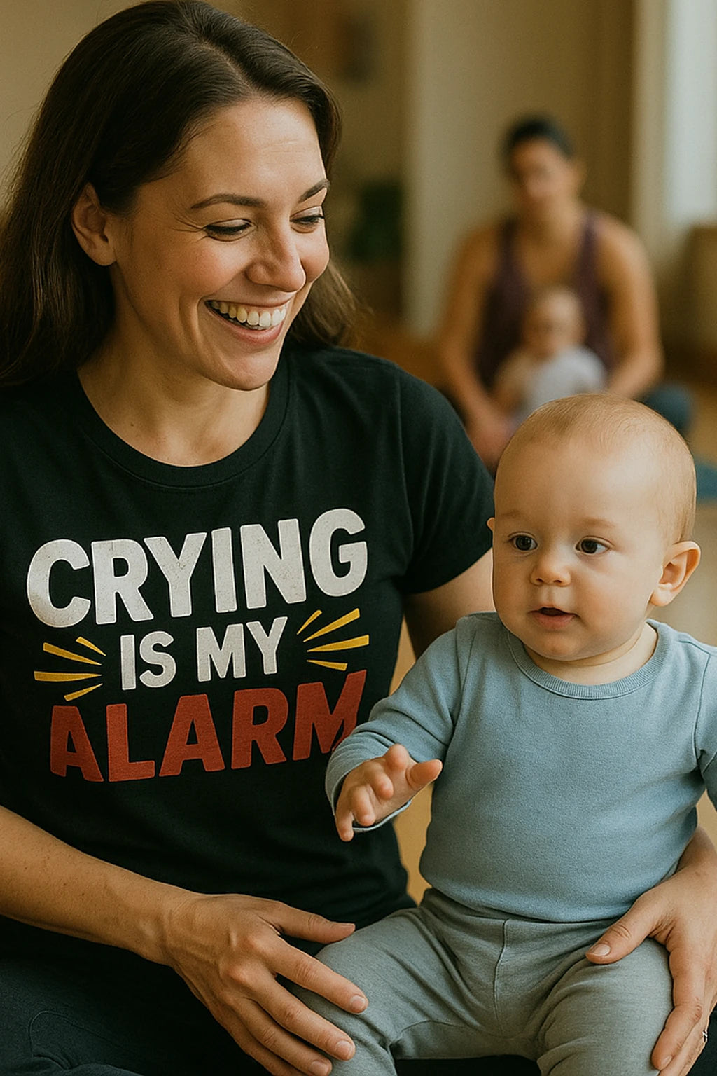 "Crying Is My Alarm" black first time parents t shirts, photographed as new parents lover gift