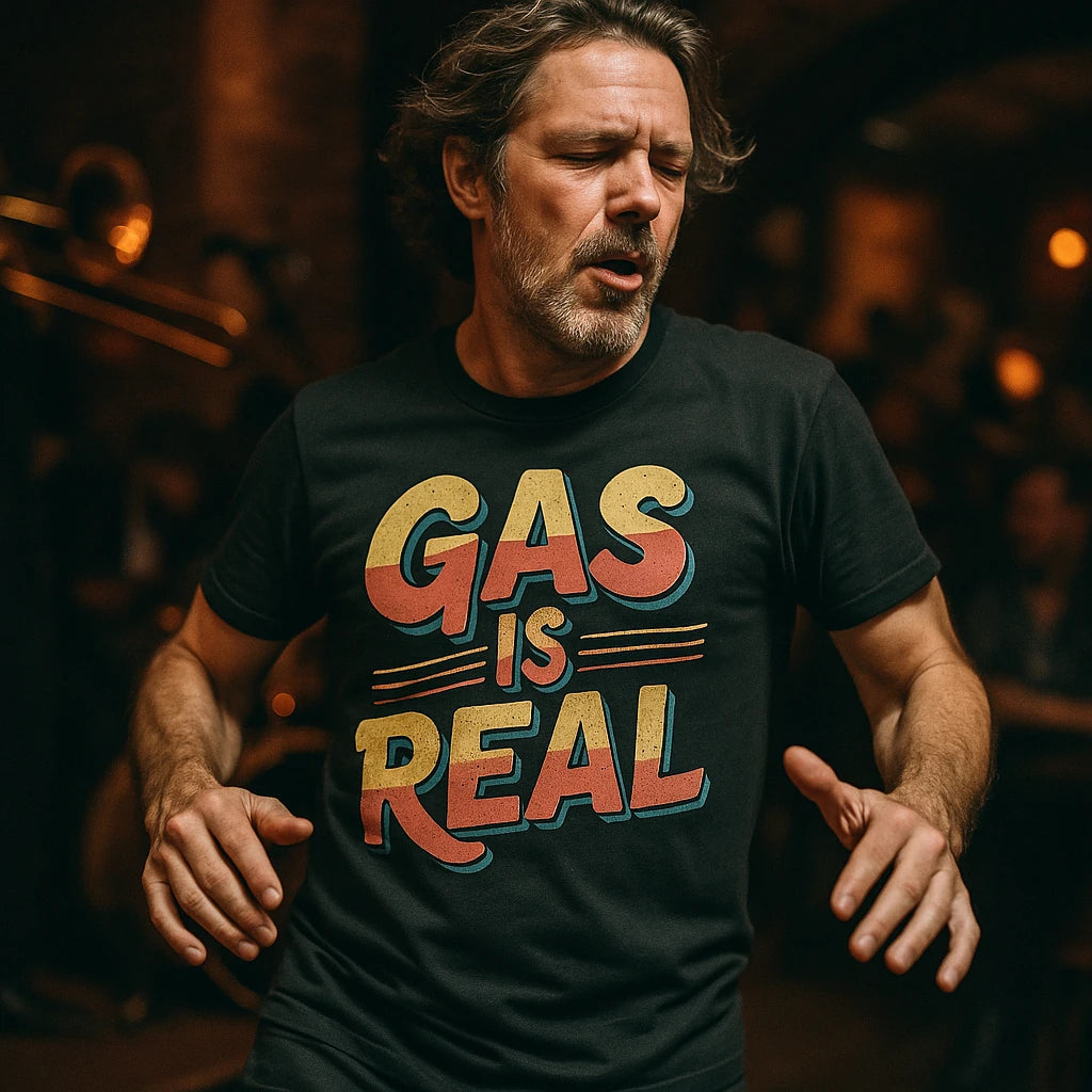 "Gas Is Real" black musician t shirt - also a musician lover gift ideas