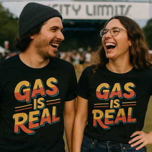 Person wearing the black musician t shirt graphic tee - "Gas Is Real" design