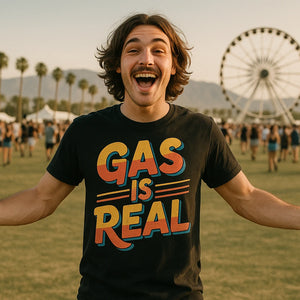 Lifestyle shot of the "Gas Is Real" black musician t shirt in a real-world setting