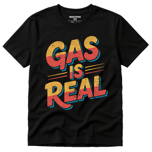 Black Musician T Shirt - "Gas Is Real" graphic tee with orange print, flat lay product photo