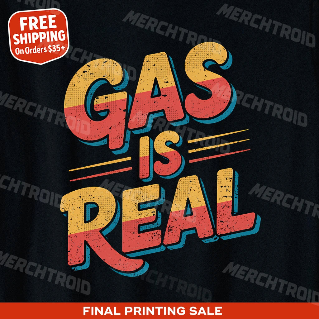 "Gas Is Real" black musician t shirt, photographed as best gifts for musicians