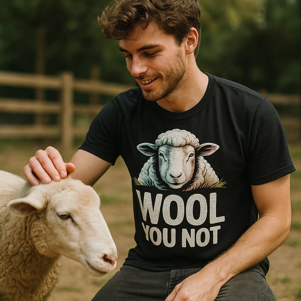 "Wool You Not" black black sheep t shirt, photographed as presents for sheep lovers