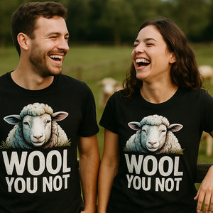 Person wearing the black black sheep t shirt graphic tee - "Wool You Not" design