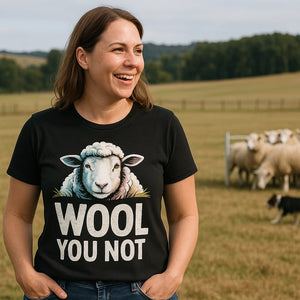 Lifestyle shot of the "Wool You Not" black black sheep t shirt in a real-world setting