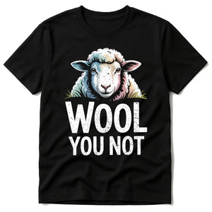 Black Black Sheep T Shirt - "Wool You Not" graphic tee with white print, flat lay product photo