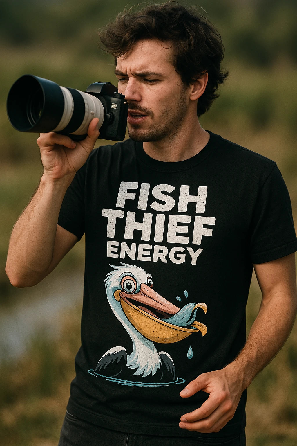 "Fish Thief Energy" black pelican t shirt - a birthday gift for pelican lover