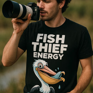 "Fish Thief Energy" black pelican t shirt - a birthday gift for pelican lover