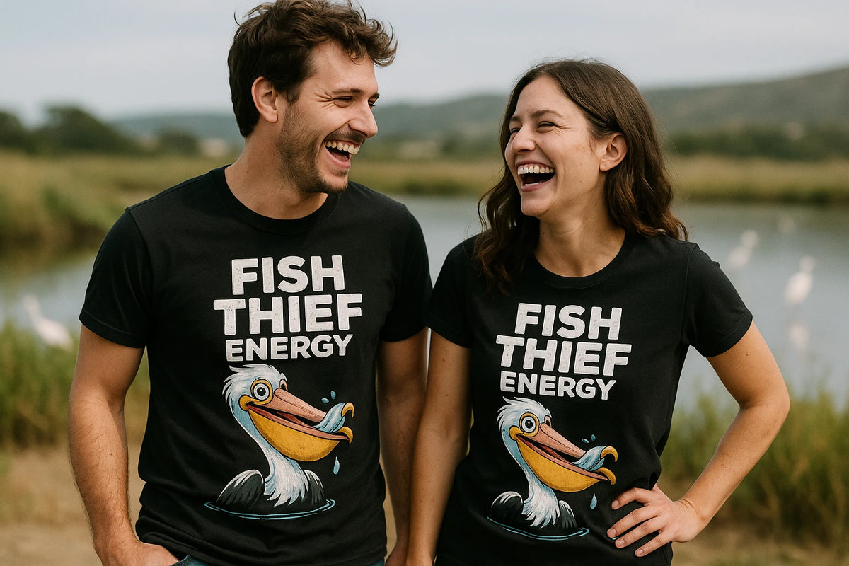 Person wearing the black pelican t shirt graphic tee - "Fish Thief Energy" design