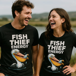 Person wearing the black pelican t shirt graphic tee - "Fish Thief Energy" design