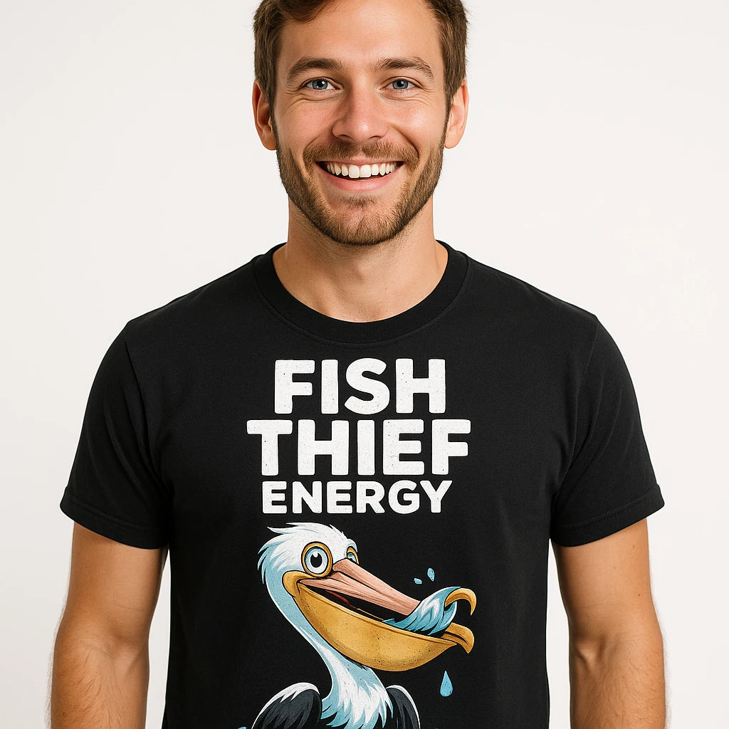 Close-up of the "Fish Thief Energy" white print on a premium Bella+Canvas black pelican t shirt