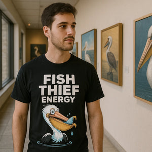 Lifestyle shot of the "Fish Thief Energy" black pelican t shirt in a real-world setting