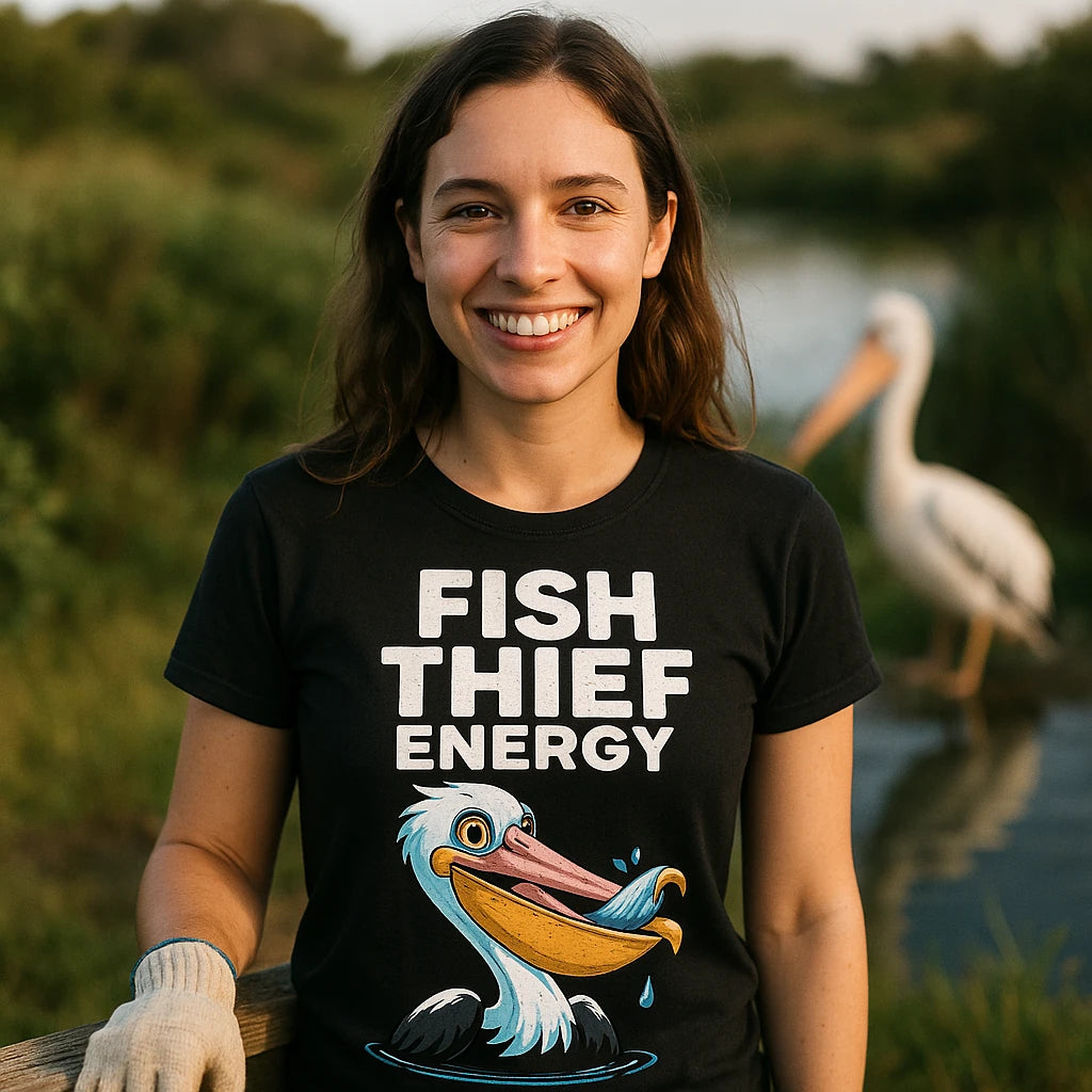 "Fish Thief Energy" black pelican t shirt, photographed as pelican lover gift