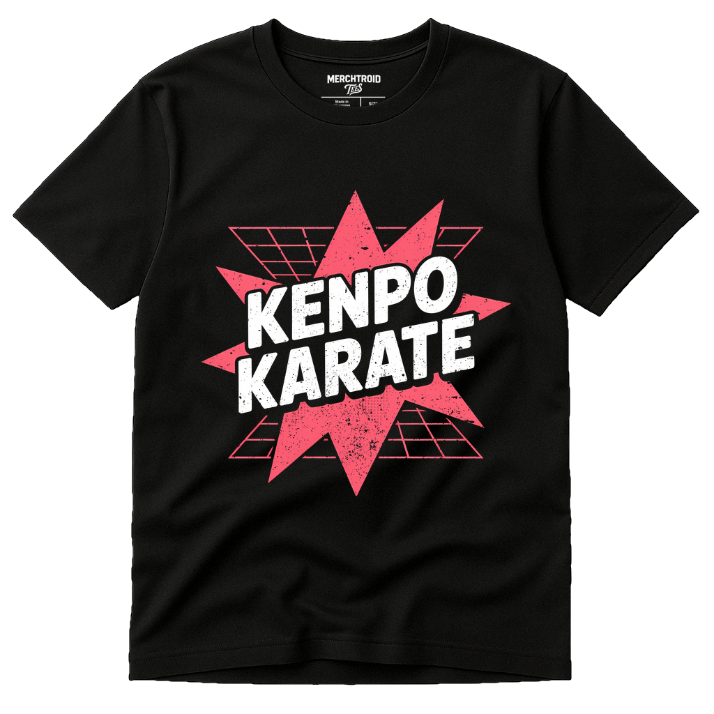 Black Martial Art T Shirt - "Kenpo Karate" graphic tee with pink print, flat lay product photo