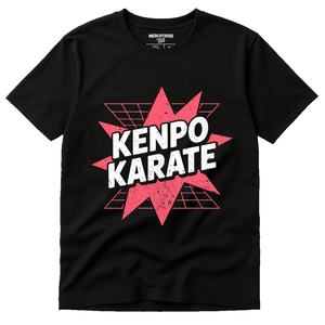 Black Martial Art T Shirt - "Kenpo Karate" graphic tee with pink print, flat lay product photo