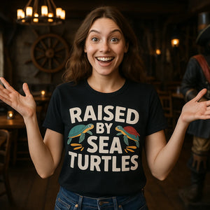 Lifestyle shot of the "Raised By Sea Turtles" black pirate shirts for ladies in a real-world setting